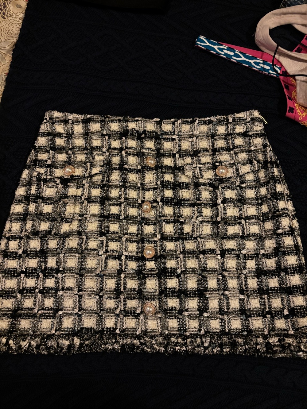 LoveShackFancy Black and Cream Tweed Pearl-Button Mini Skirt